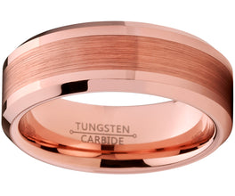 Men's Tungsten Carbide Wedding Band Ring, 8mm Flat Top Brushed Rose Tone, Pink Comfort Fit Band 7 to 15