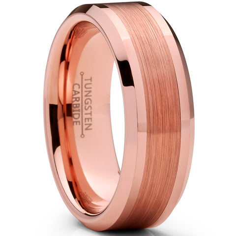Men's Tungsten Carbide Wedding Band Ring, 8mm Flat Top Brushed Rose Tone, Pink Comfort Fit Band 7 to 15