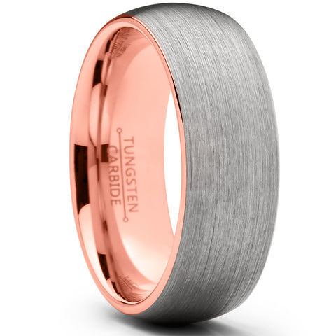 Men's Tungsten Carbide Wedding Band Ring, 8mm Dome Brushed Rose Tone Pink Comfort Fit Band 7 to 15