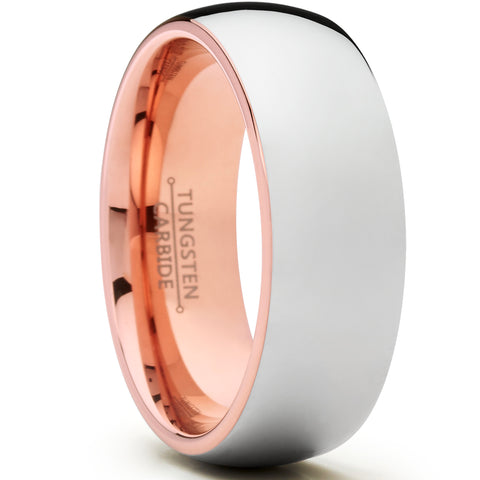 Men's Tungsten Carbide Wedding Band Ring, 8mm Dome High Polish Rose Tone Pink Comfort Fit Band