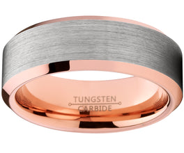 Men's Tungsten Carbide Wedding Band Ring, 8mm Flat Top Brushed Rose Tone, Pink Comfort Fit Band 7 to 15