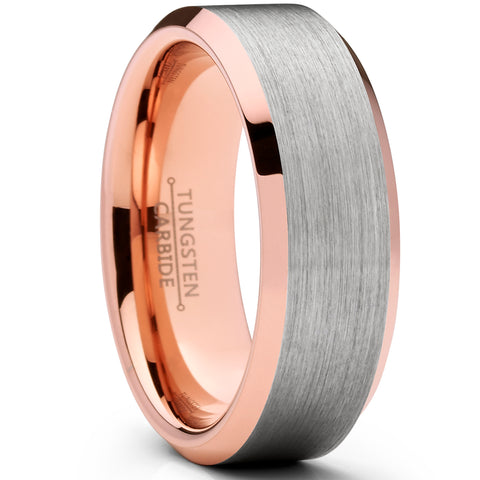 Men's Tungsten Carbide Wedding Band Ring, 8mm Flat Top Brushed Rose Tone, Pink Comfort Fit Band 7 to 15