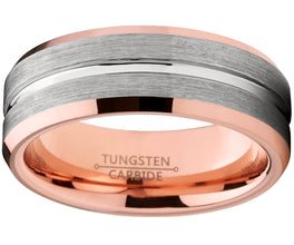 Men's Tungsten Carbide Wedding Band Ring, 8mm Flat Top Brushed Rose Tone, Pink Comfort Fit Band