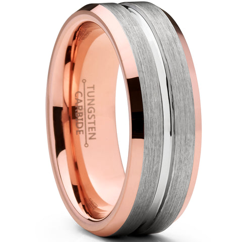 Men's Tungsten Carbide Wedding Band Ring, 8mm Flat Top Brushed Rose Tone, Pink Comfort Fit Band