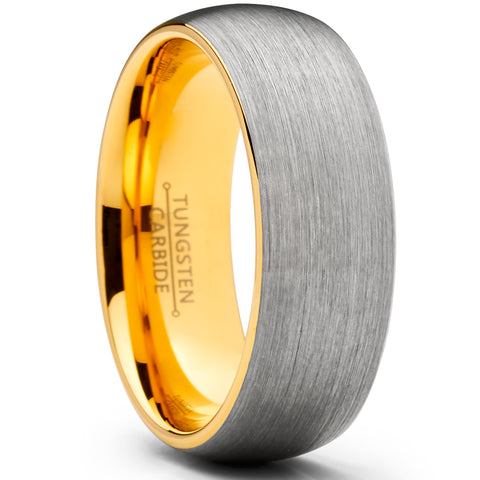 Men's Tungsten Carbide Wedding Band Ring, 8mm Dome Brushed GoldTone Comfort Fit Band 7 to 15