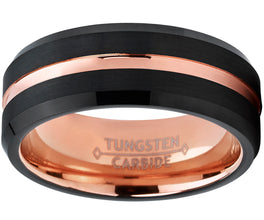 Tungsten Carbide Men's Black and RoseTone Brushed Grooved Wedding Band Engagement Ring, Comfort Fit 7-13