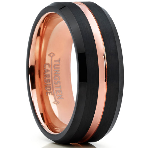 Tungsten Carbide Men's Black and RoseTone Brushed Grooved Wedding Band Engagement Ring, Comfort Fit 7-13