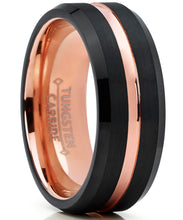 Tungsten Carbide Men's Black and RoseTone Brushed Grooved Wedding Band Engagement Ring, Comfort Fit 7-13
