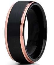 Men's Tungsten Carbide Black and RoseTone Brushed Raised Center Wedding Band Engagement Ring, Comfort Fit