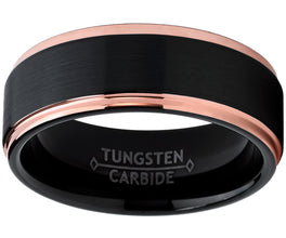 Men's Tungsten Carbide Black and RoseTone Brushed Raised Center Wedding Band Engagement Ring, Comfort Fit