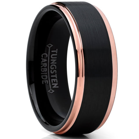 Men's Tungsten Carbide Black and RoseTone Brushed Raised Center Wedding Band Engagement Ring, Comfort Fit