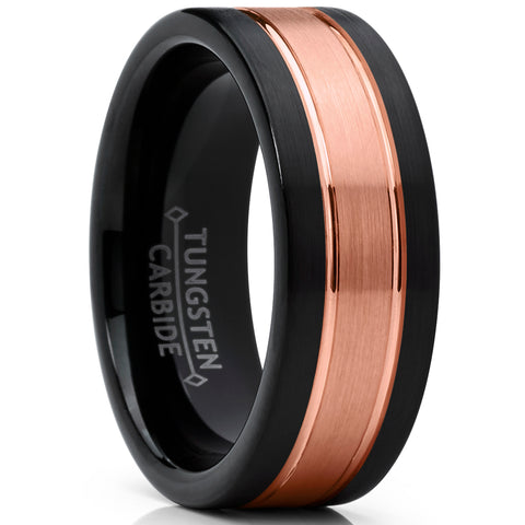 Men's Tungsten Carbide Black and RoseTone Brushed Wedding Band Engagement Ring, Comfort Fit 7-13