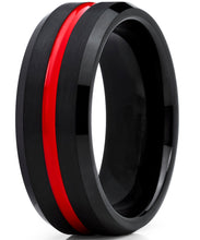 Men's Tungsten Carbide Black Wedding Band Engagement Ring,Grooved Red Center, Comfort Fit 7-13