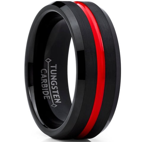 Men's Tungsten Carbide Black Wedding Band Engagement Ring,Grooved Red Center, Comfort Fit 7-13