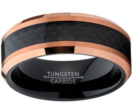 Men's Tungsten Carbide Black and RoseTone Brushed Wedding Band Engagement Ring Carbon Fiber Inlay, 8mm