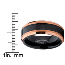 Men's Tungsten Carbide Black and RoseTone Brushed Wedding Band Engagement Ring Carbon Fiber Inlay, 8mm