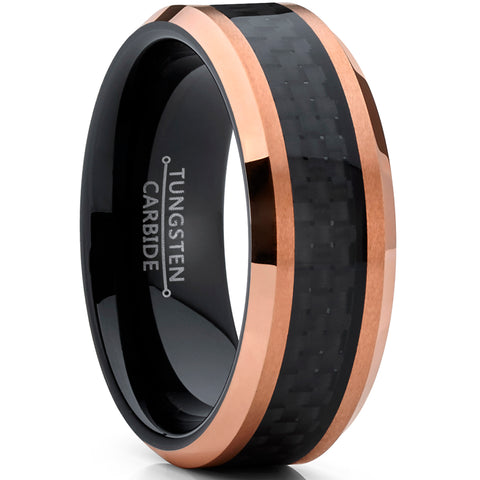 Men's Tungsten Carbide Black and RoseTone Brushed Wedding Band Engagement Ring Carbon Fiber Inlay, 8mm