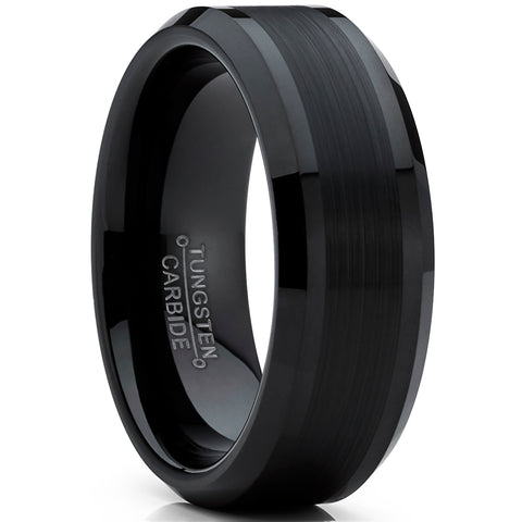 Tungsten Carbide Men's Black Brushed Center Wedding Band Engagement Ring,  8mm Comfort Fit