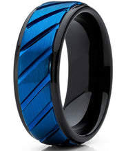 Tungsten Carbide Black and Blue Wedding band Engagement Ring with Grooved Raised Center, Comfort Fit