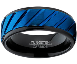 Tungsten Carbide Black and Blue Wedding band Engagement Ring with Grooved Raised Center, Comfort Fit