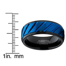 Tungsten Carbide Black and Blue Wedding band Engagement Ring with Grooved Raised Center, Comfort Fit