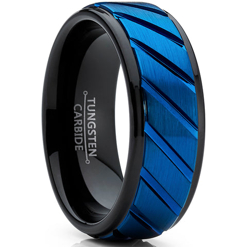 Tungsten Carbide Black and Blue Wedding band Engagement Ring with Grooved Raised Center, Comfort Fit