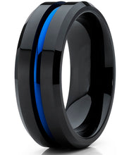 Men's Tungsten Carbide Black and Blue Wedding band Engagement Ring with Grooved Center, Comfort Fit 8mm