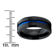 Men's Tungsten Carbide Black and Blue Wedding band Engagement Ring with Grooved Center, Comfort Fit 8mm