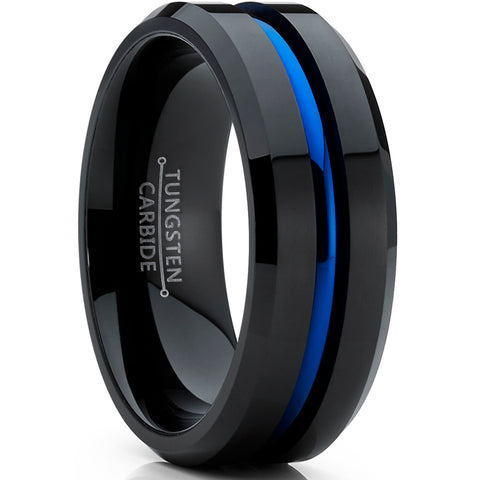 Men's Tungsten Carbide Black and Blue Wedding band Engagement Ring with Grooved Center, Comfort Fit 8mm