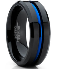 Men's Tungsten Carbide Black and Blue Wedding band Engagement Ring with Grooved Center, Comfort Fit 8mm