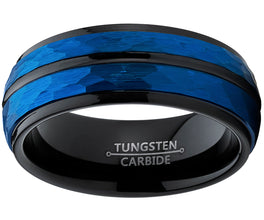 Men's Tungsten Carbide Hammered Brushed Finish Wedding Band Ring 8MM Blue Black Dome