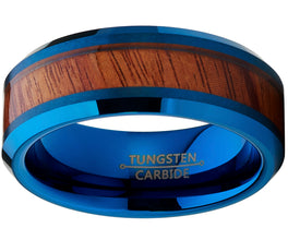 Tungsten Carbide Men's Blue Brushed Wedding Band Engagement Ring with Real Santos Wood Inlay, Comfort Fit 8mm