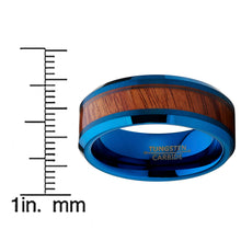 Tungsten Carbide Men's Blue Brushed Wedding Band Engagement Ring with Real Santos Wood Inlay, Comfort Fit 8mm