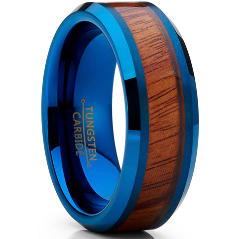 Tungsten Carbide Men's Blue Brushed Wedding Band Engagement Ring with Real Santos Wood Inlay, Comfort Fit 8mm