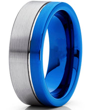8MM Men's Off-Center Blue Pipe Cut Tungsten Carbide Wedding Band Engagement Ring Comfort Fit 7 to 15
