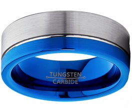 8MM Men's Off-Center Blue Pipe Cut Tungsten Carbide Wedding Band Engagement Ring Comfort Fit 7 to 15