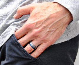 8MM Men's Off-Center Blue Pipe Cut Tungsten Carbide Wedding Band Engagement Ring Comfort Fit 7 to 15