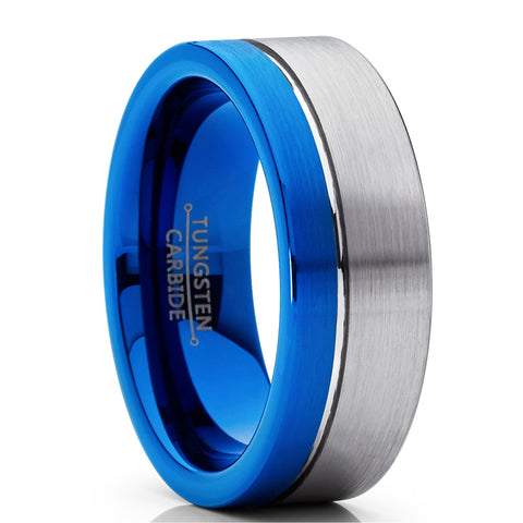 8MM Men's Off-Center Blue Pipe Cut Tungsten Carbide Wedding Band Engagement Ring Comfort Fit 7 to 15