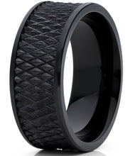 Men's Black Tungsten Carbide Wedding Band Engagement Ring Diamond Treaded Design, Flat Top 9mm