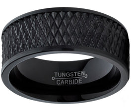 Men's Black Tungsten Carbide Wedding Band Engagement Ring Diamond Treaded Design, Flat Top 9mm