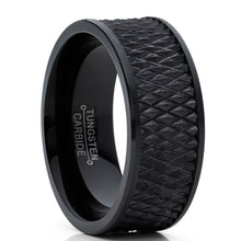 Men's Black Tungsten Carbide Wedding Band Engagement Ring Diamond Treaded Design, Flat Top 9mm