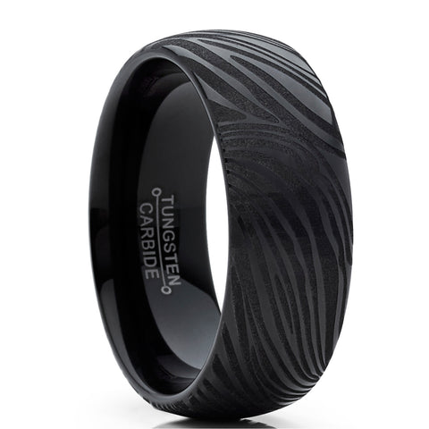 Men's Black Tungsten Carbide Dome Wedding Band Engagement Ring with Damascus Style Texture 8mm 7-15