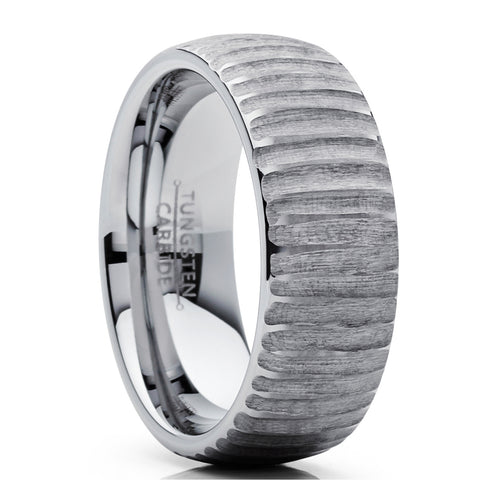 Men's Tungsten Carbide Dome Wedding Band Engagement Ring Chieseled Tree Bark Textured Design