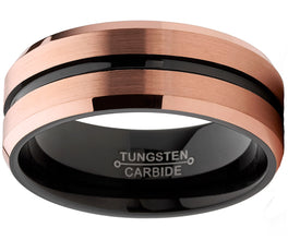 Men's Tungsten Carbide Black and RoseTone Brushed Wedding Band Engagement Ring, Comfort Fit 8mm