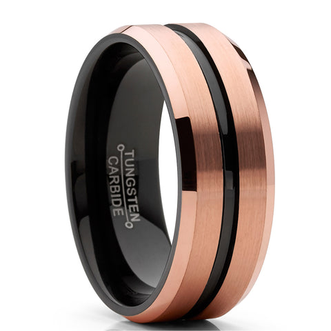 Men's Tungsten Carbide Black and RoseTone Brushed Wedding Band Engagement Ring, Comfort Fit 8mm