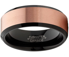 Men's Tungsten Carbide Black and RoseTone Brushed Wedding Band Engagement Ring, Comfort Fit 8mm