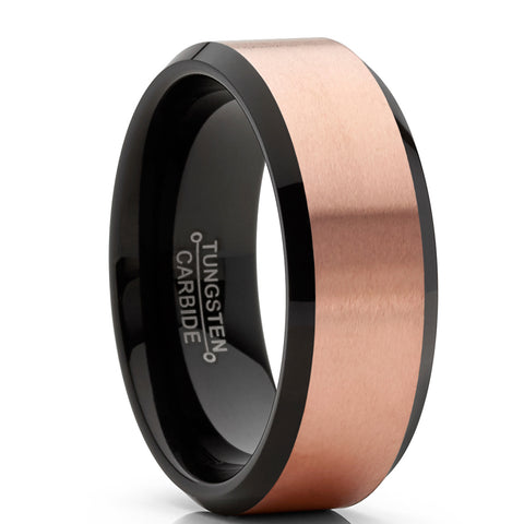 Men's Tungsten Carbide Black and RoseTone Brushed Wedding Band Engagement Ring, Comfort Fit 8mm
