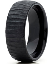 Men's Black Tungsten Carbide Dome Wedding Band Engagement Ring Chieseled Tree Bark Textured Design