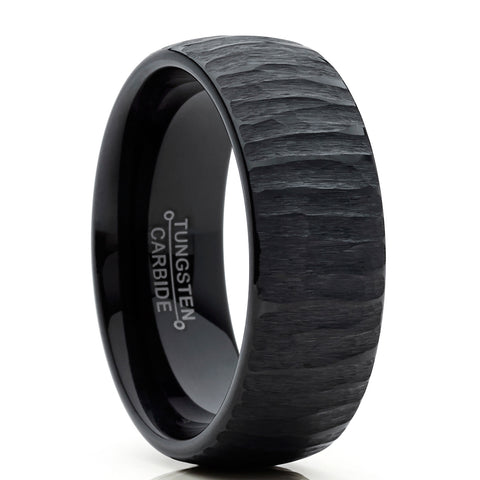 Men's Black Tungsten Carbide Dome Wedding Band Engagement Ring Chieseled Tree Bark Textured Design