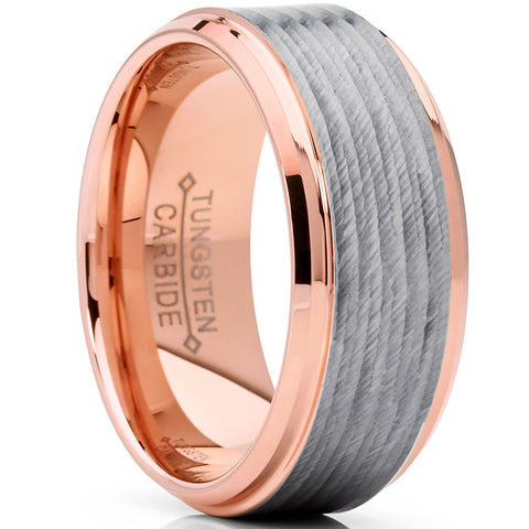 Men's Rose Tone Tungsten Carbide Wedding Band Ring With Banded Satin Stripes and Beveled Edges 9mm